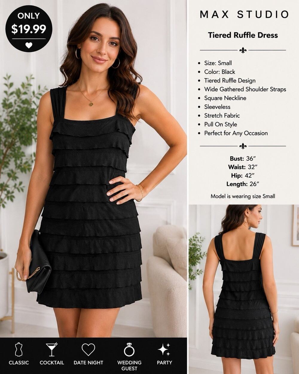 Max Studio Black Tiered Ruffle Dress Small Sleeveless Stretch Bodycon